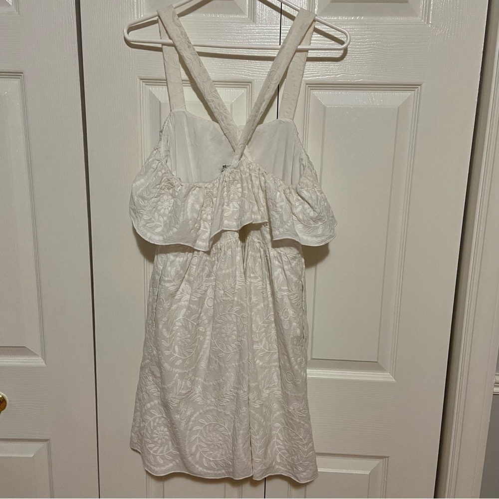 Madewell Embroidered Apron Ruffle Dress White Lace Criss Cross Back Size 10 - Picture 11 of 13